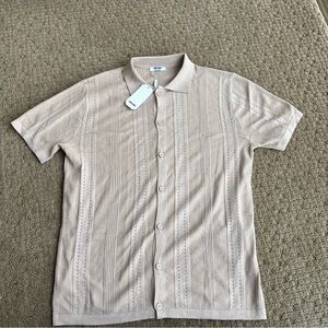 Coofandy Knit Polo Shirt Short Sleeve Beige 80% Viscose Medium Button up NEW